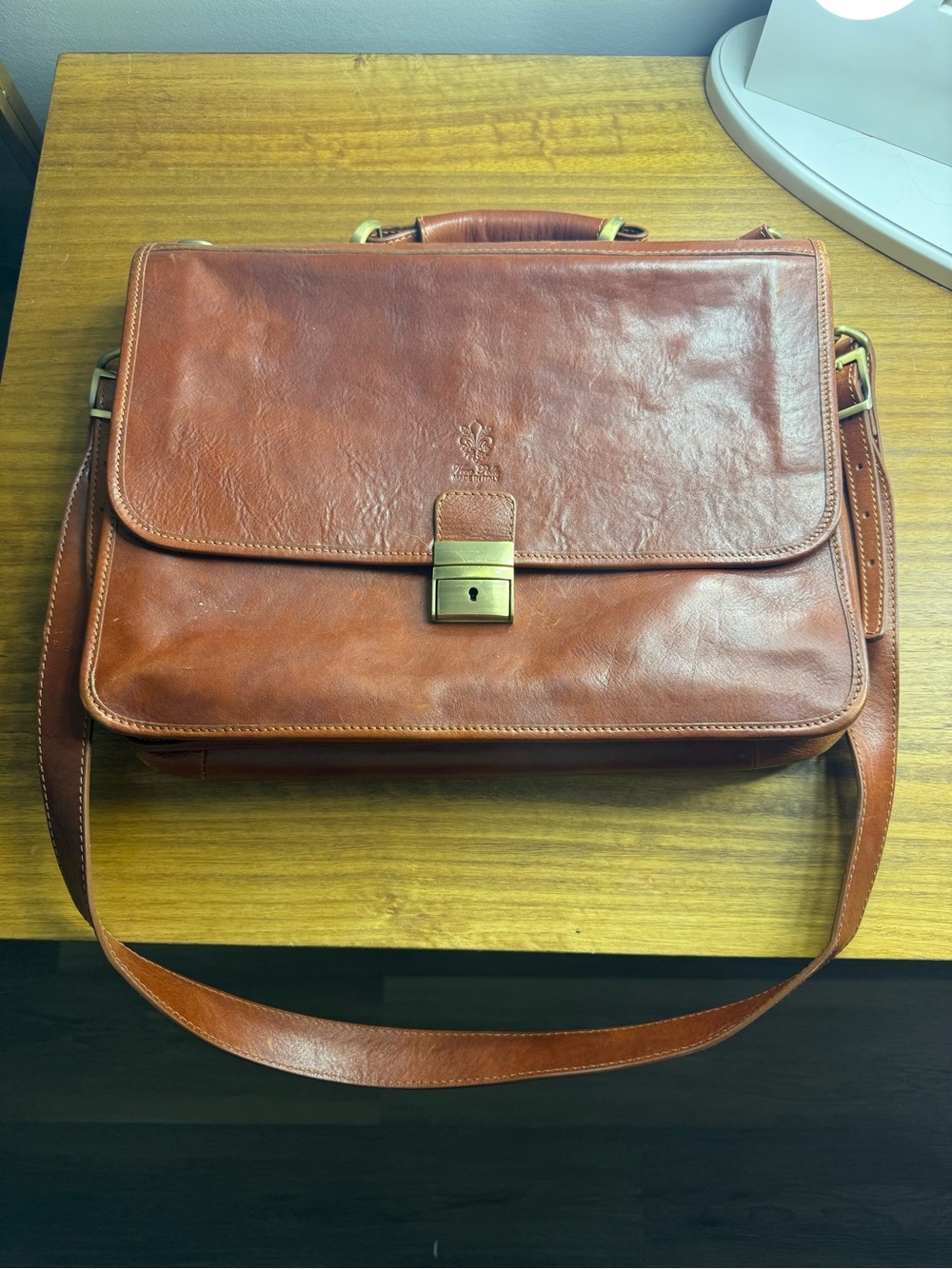 Italian Leather Briefcase, Made In Italy, Cognac Brown Messenger Bag